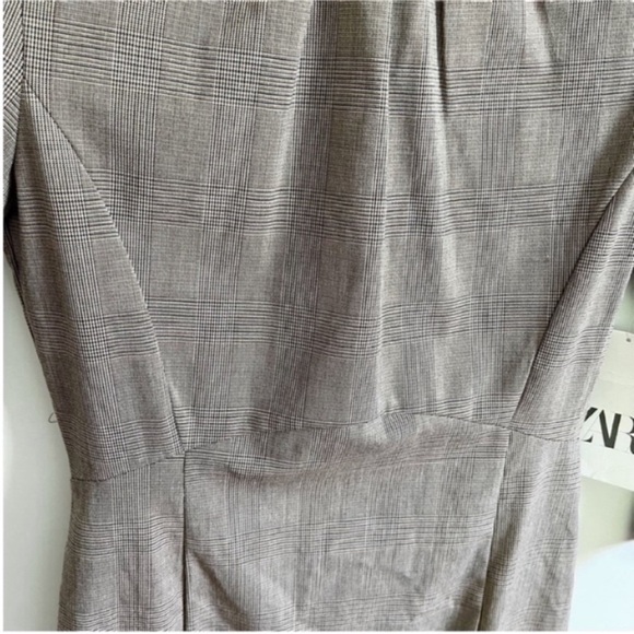 Zara Secretary sheath dress brown check plaid pencil fitted shoulder pads - Picture 4 of 10